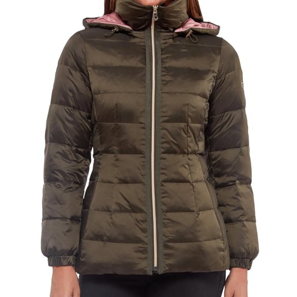 NWT Kate Spade hooded down puffer coat jacket deep moss rose green pink small